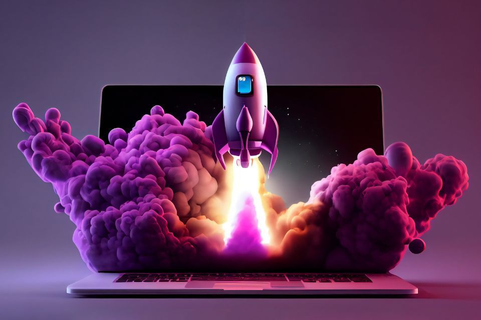 A rocket is taking off from a laptop screen with purple smoke coming out of it.