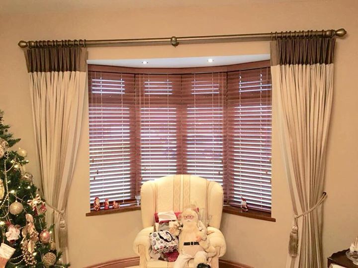 Solid gold wood pole & pinch pleat curtains