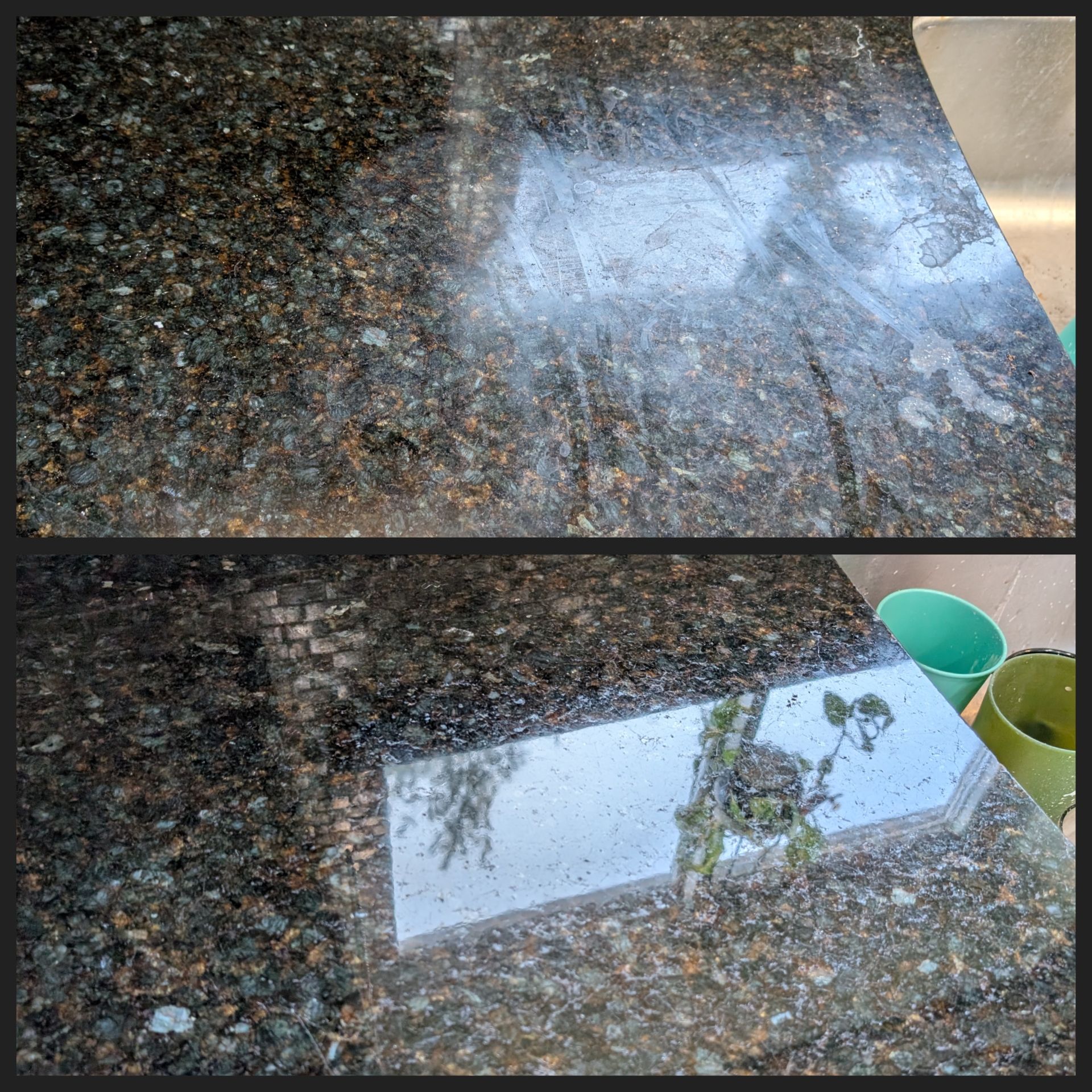 Kitchen with granite countertops and stainless steel appliances; a cutting board rests on the island.