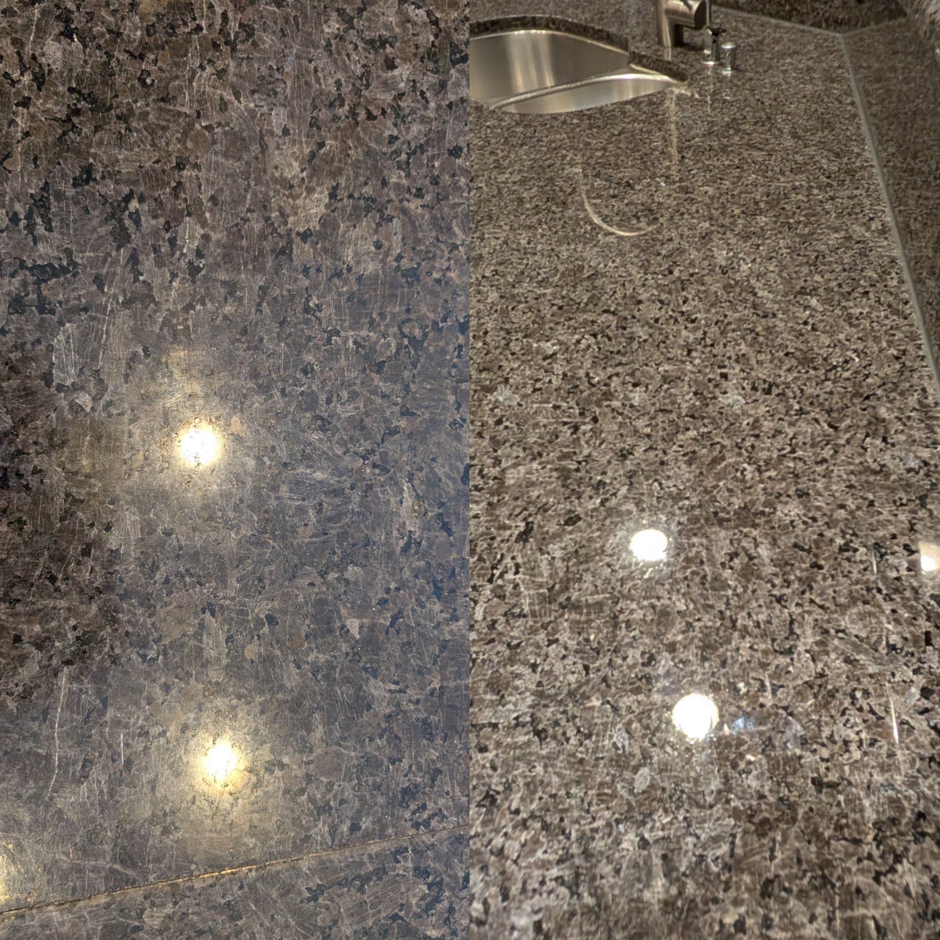 Top/bottom comparison: Marble countertop, black sink. Before: brighter light. After: dimmer.