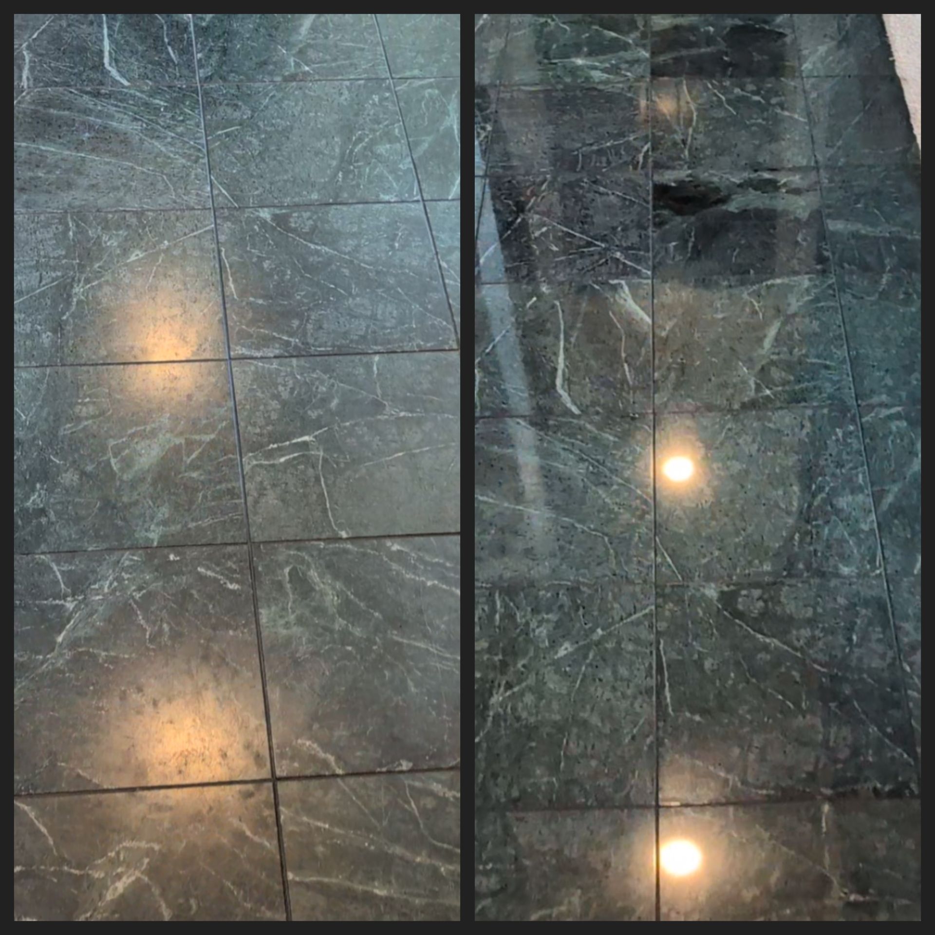 Hallway with white walls, black framed door and mirror, green plant, polished concrete floor.