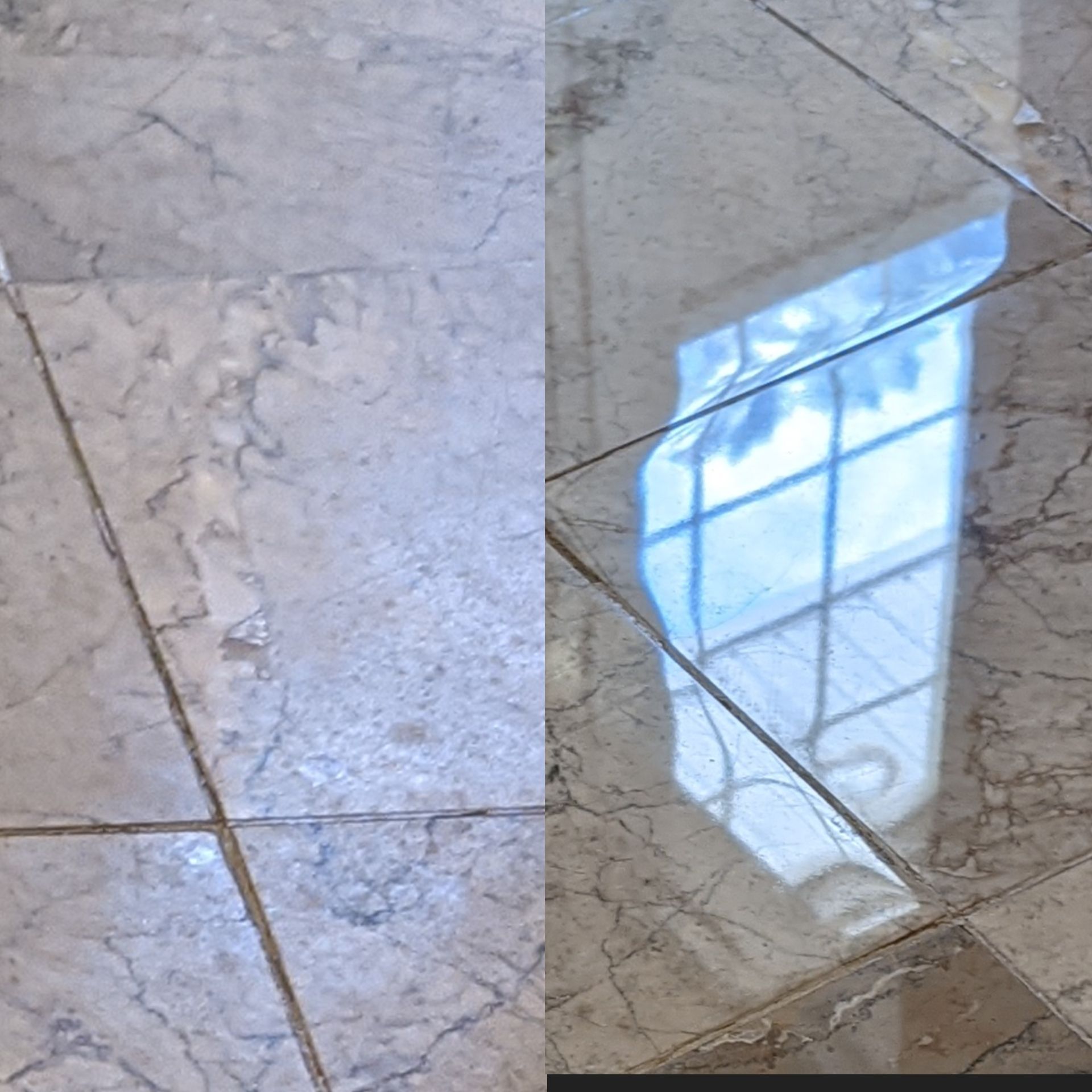 A gloved hand scrubs dirty tile grout with a green brush in a pink-tiled bathroom.