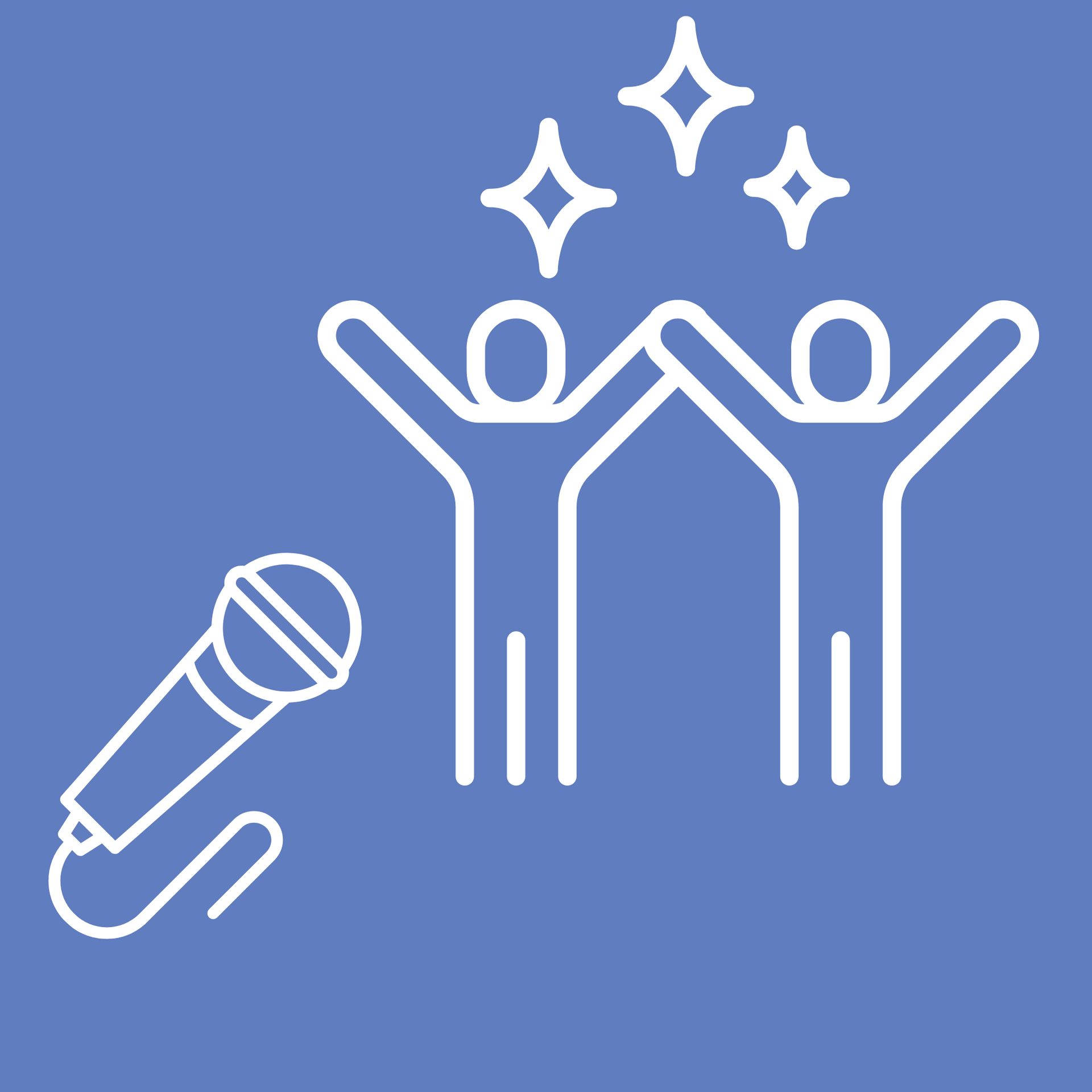 Microphone and people with hands in the air and stars above.
