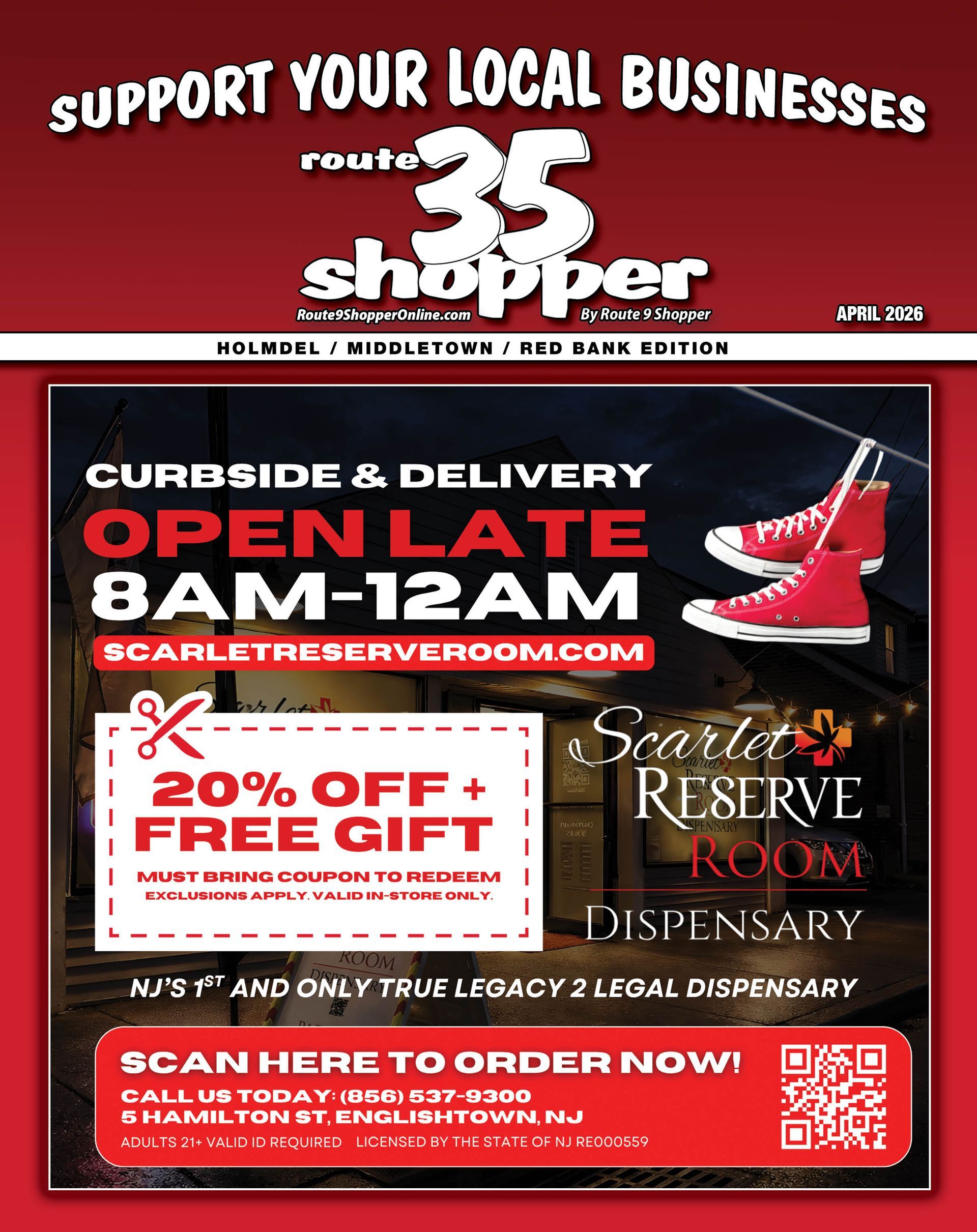 Route 35 Shopper magazine cover featuring a Scarlet Reserve Room cannabis dispensary ad with discount and QR code.