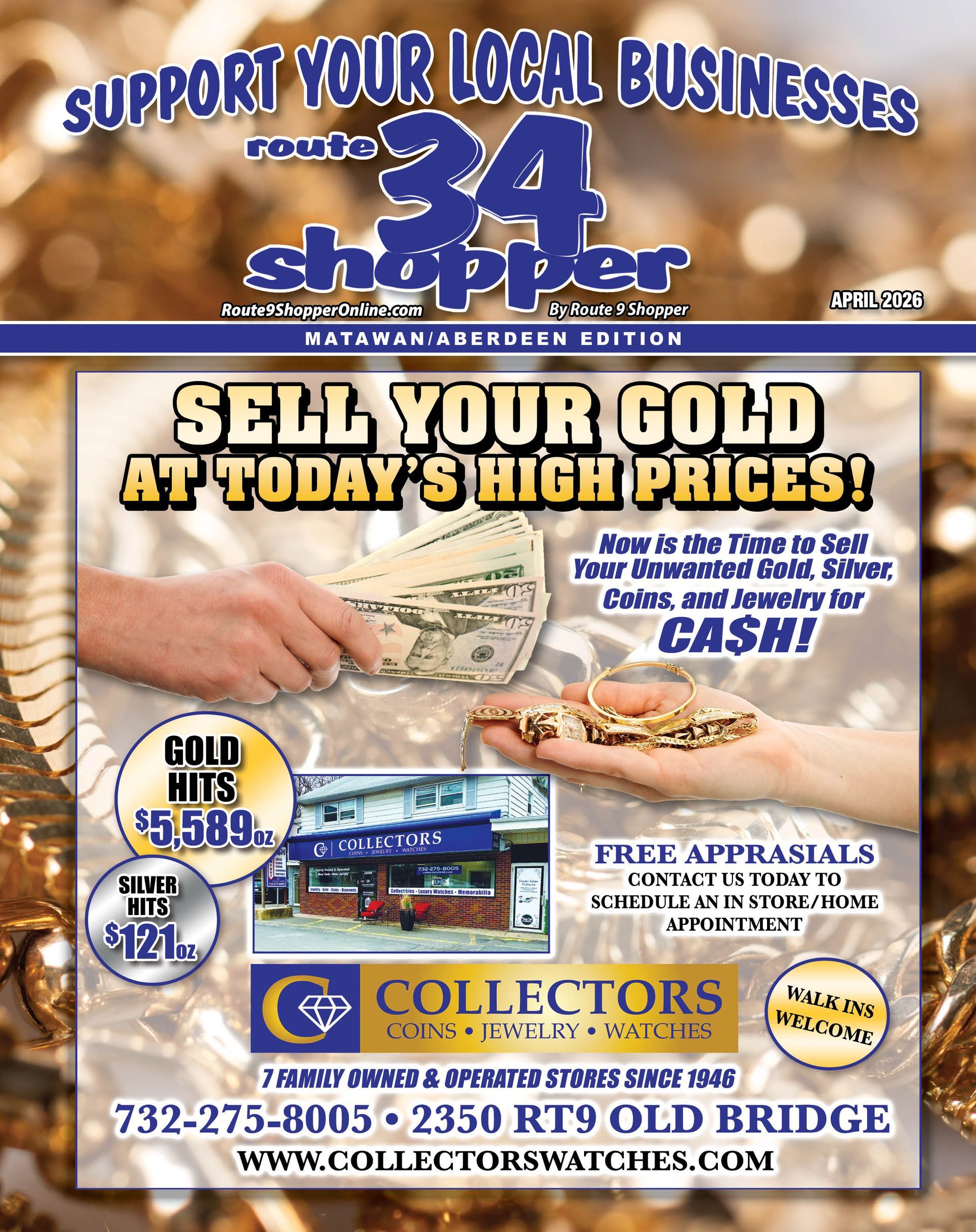 A "Collector's" advertisement in the Route 34 Shopper offering to buy gold and jewelry for cash at their Old Bridge store.