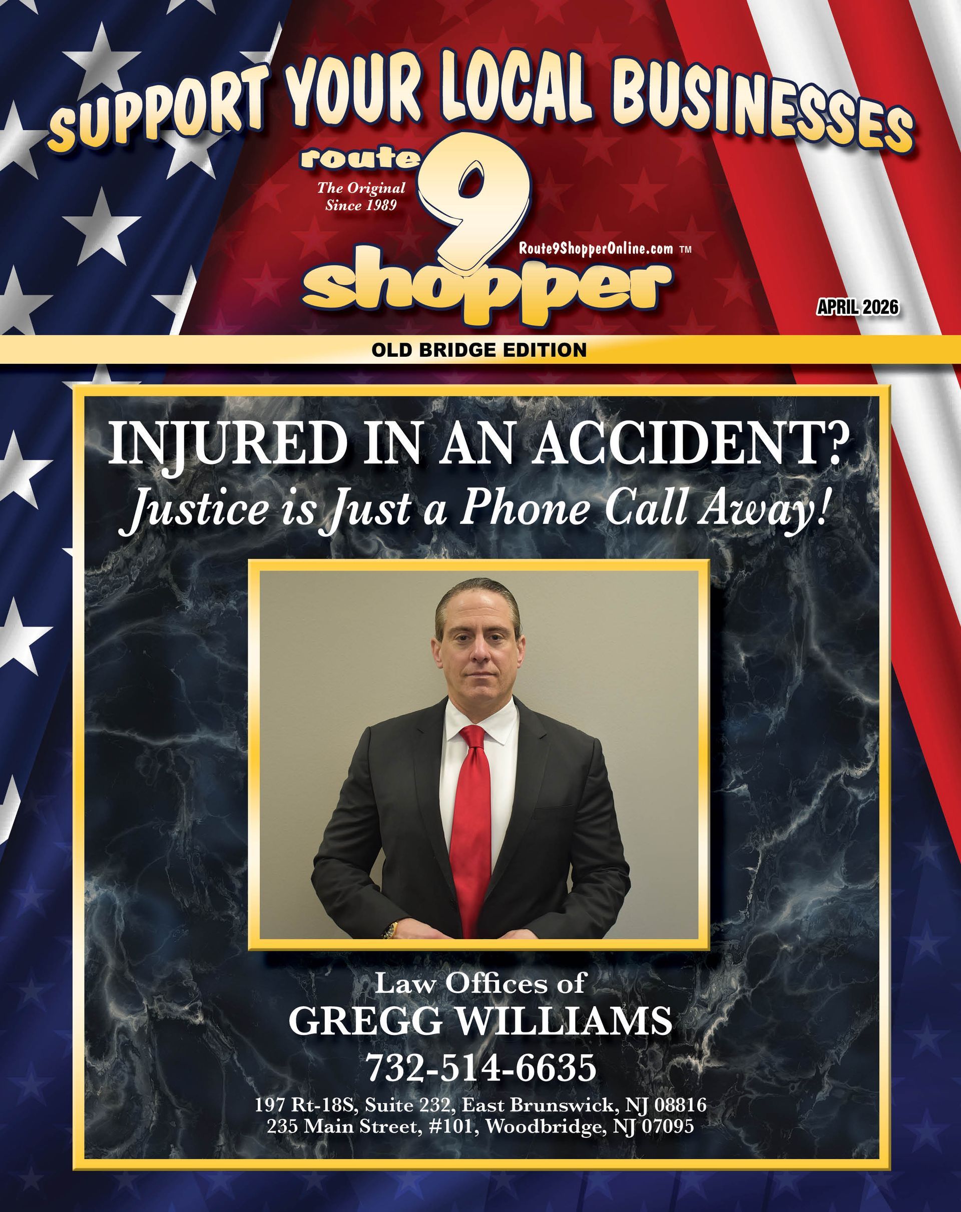 A lawyer advertisement in the Route 9 Shopper, featuring a man in a suit and contact information on a patriotic background.