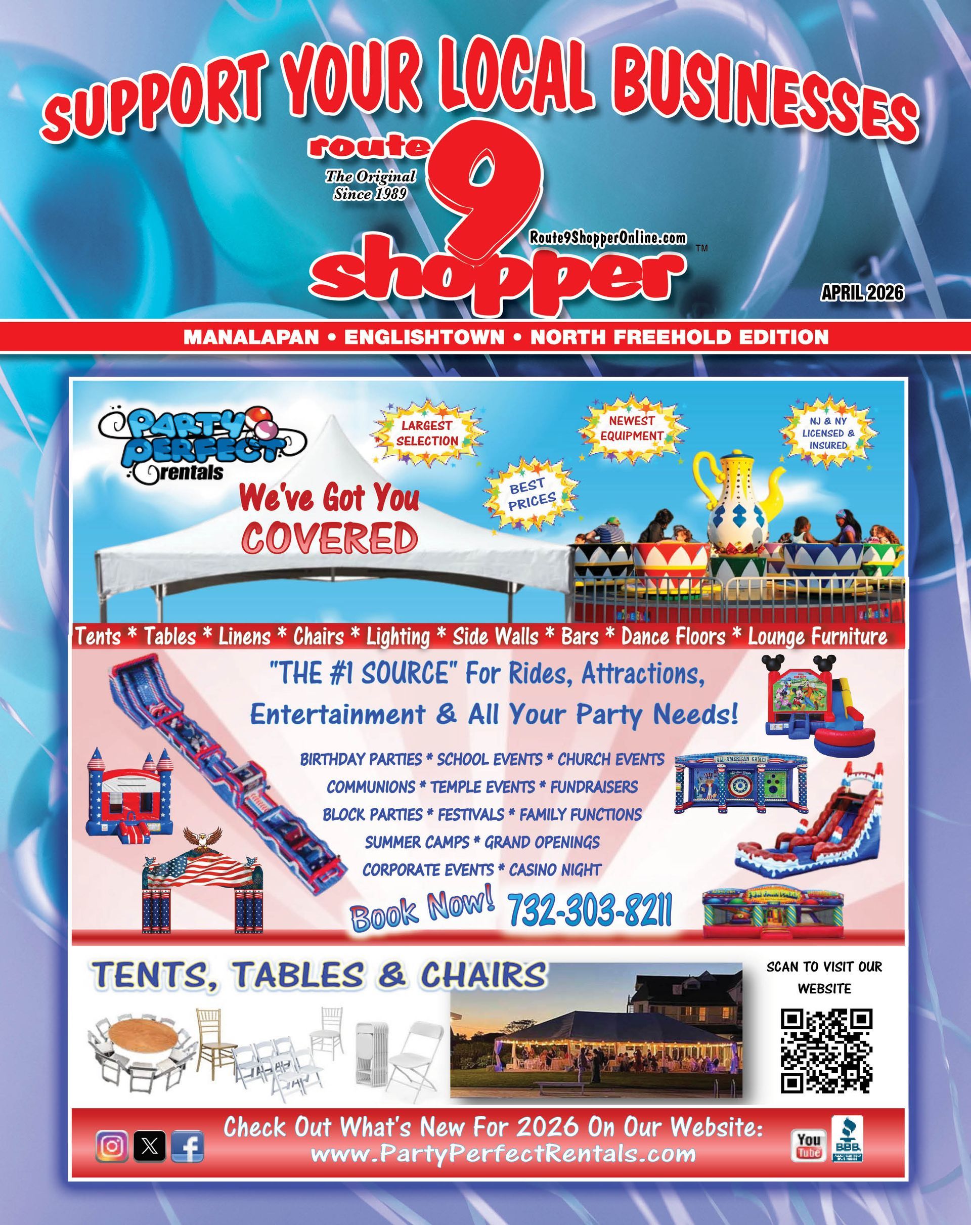 Advertisement for Party Perfect Rentals featuring images of event tents, inflatable slides, and party equipment.