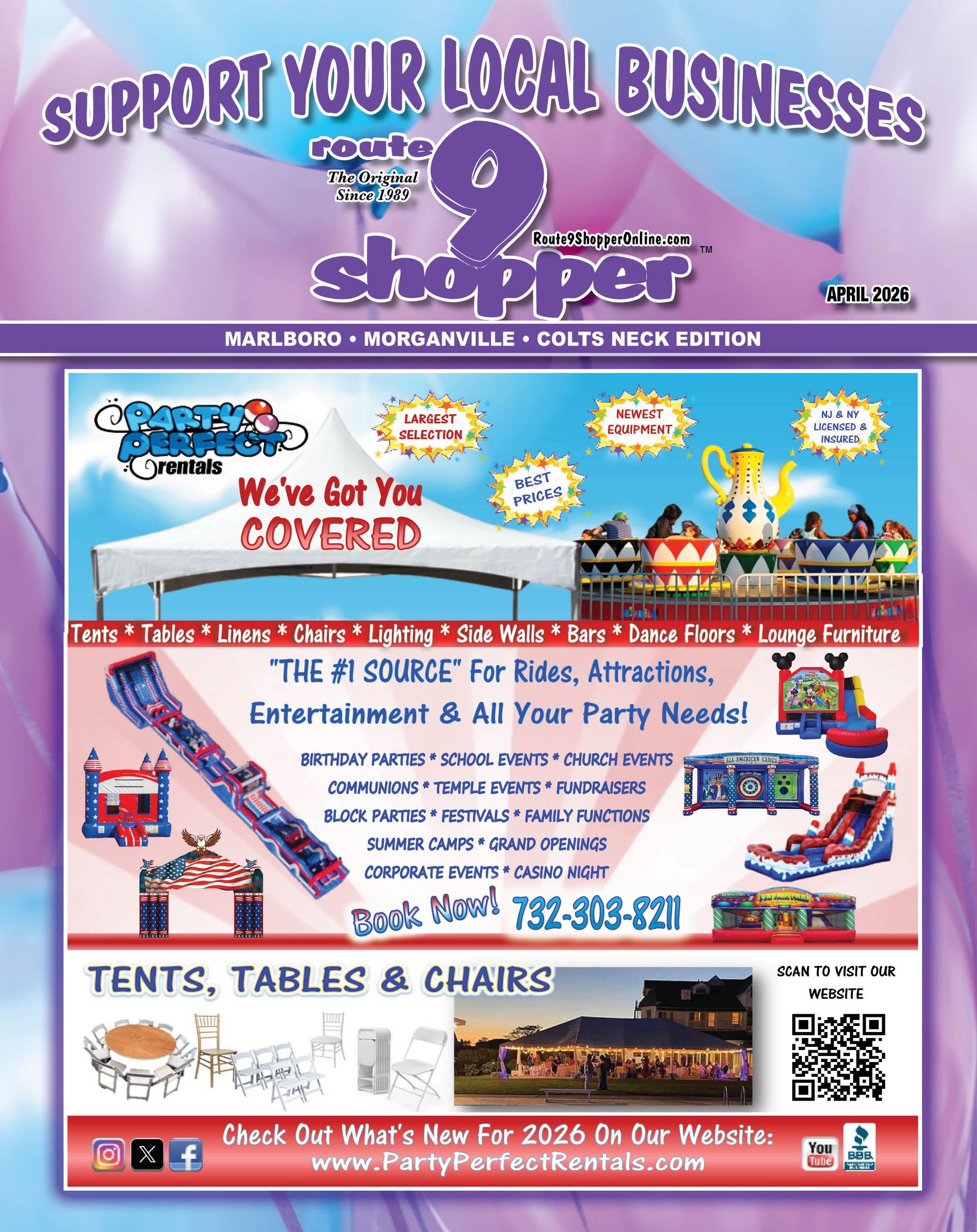 A Party Perfect Rentals advertisement featuring party tents, bounce houses, and event equipment with contact information.