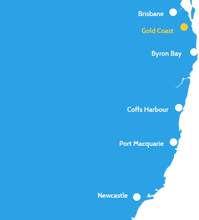 A blue and white map of the gold coast