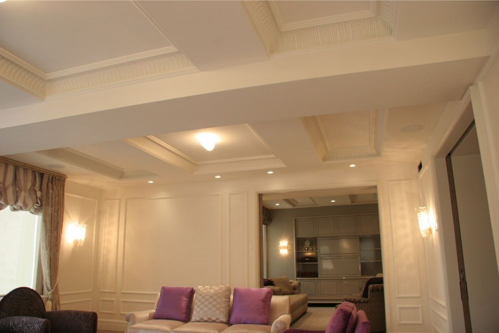 Elegant living room with white paneled walls, recessed ceiling lights, and purple accent pillows on a sofa.