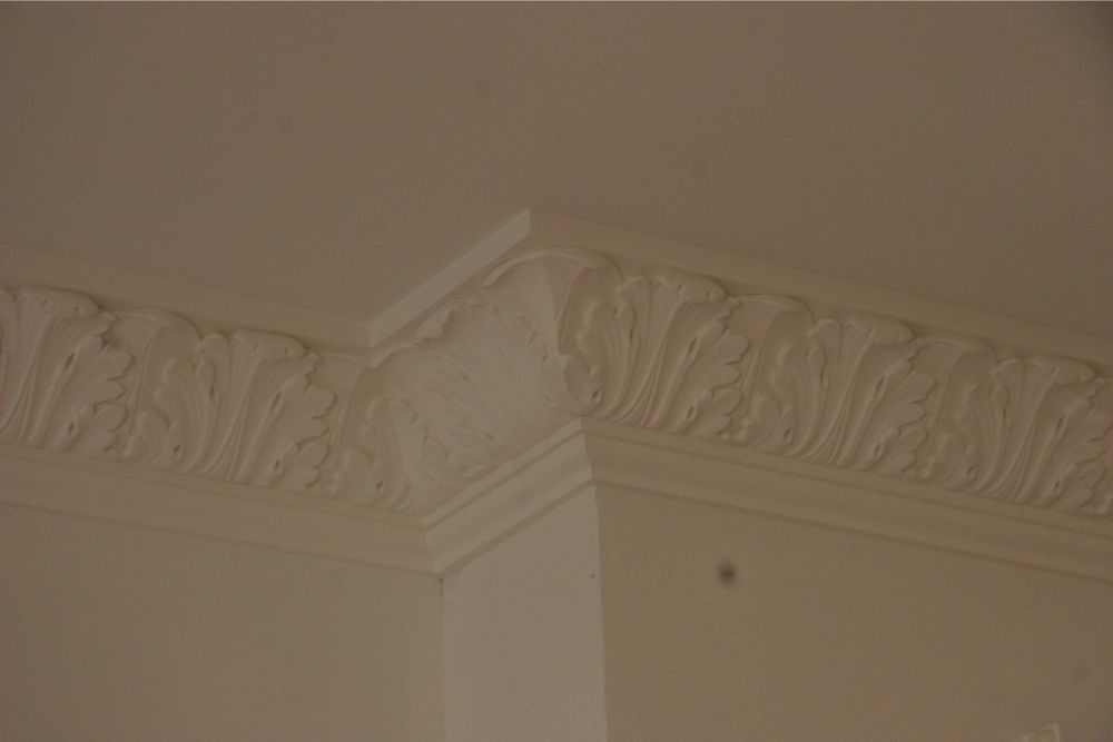 Ornate white crown molding on a room corner with beige walls and ceiling
