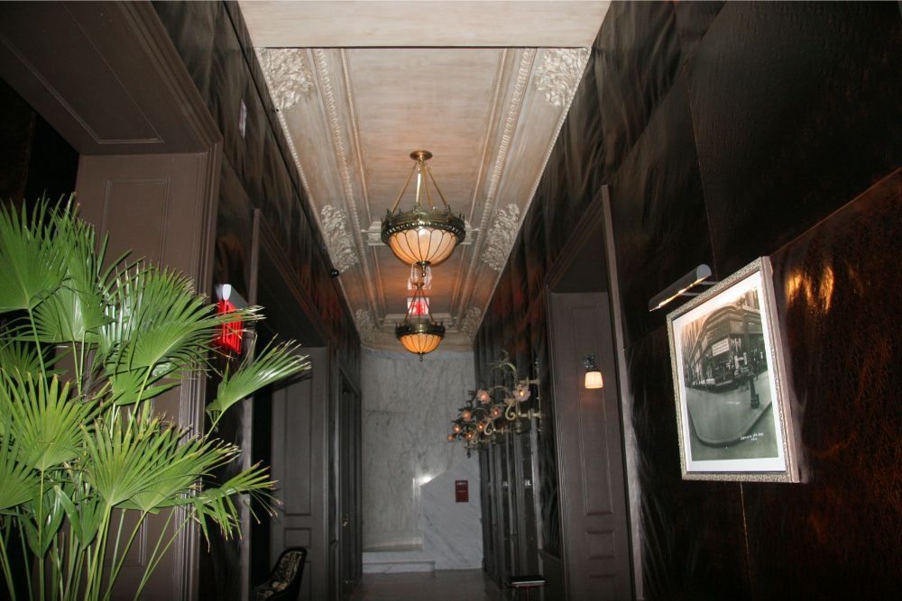 Dim hallway with dark wood walls, hanging chandeliers, a framed photo, and potted palms.