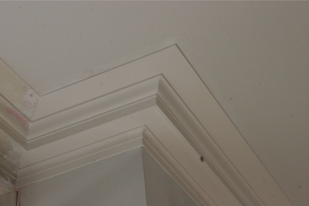 Close-up of white crown molding at a ceiling corner with a small dark spot on the trim