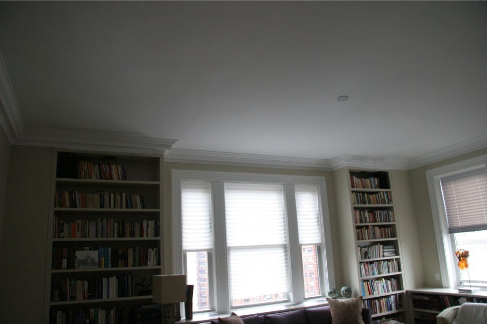 Dim living room with bookshelves and a bright bay window with blinds.