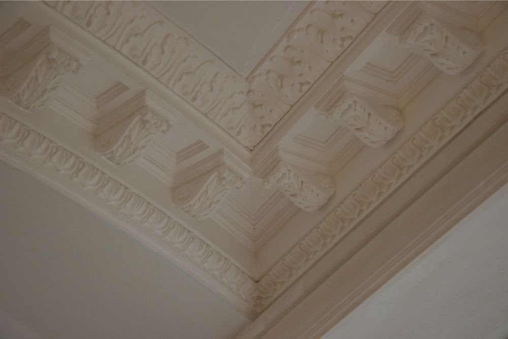 Ornate cream ceiling corner with decorative plaster molding and floral details