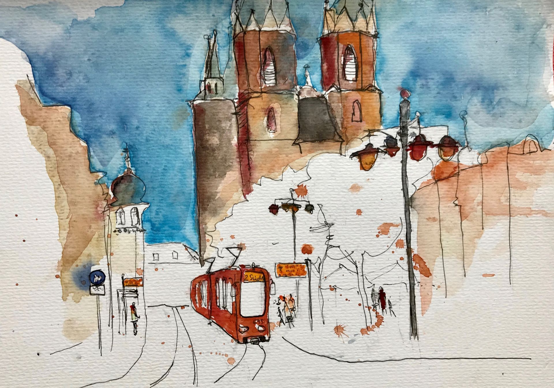 Hallmarkt in Halle (Saale) mit Straßenbahn und Blick auf die Marktkirche