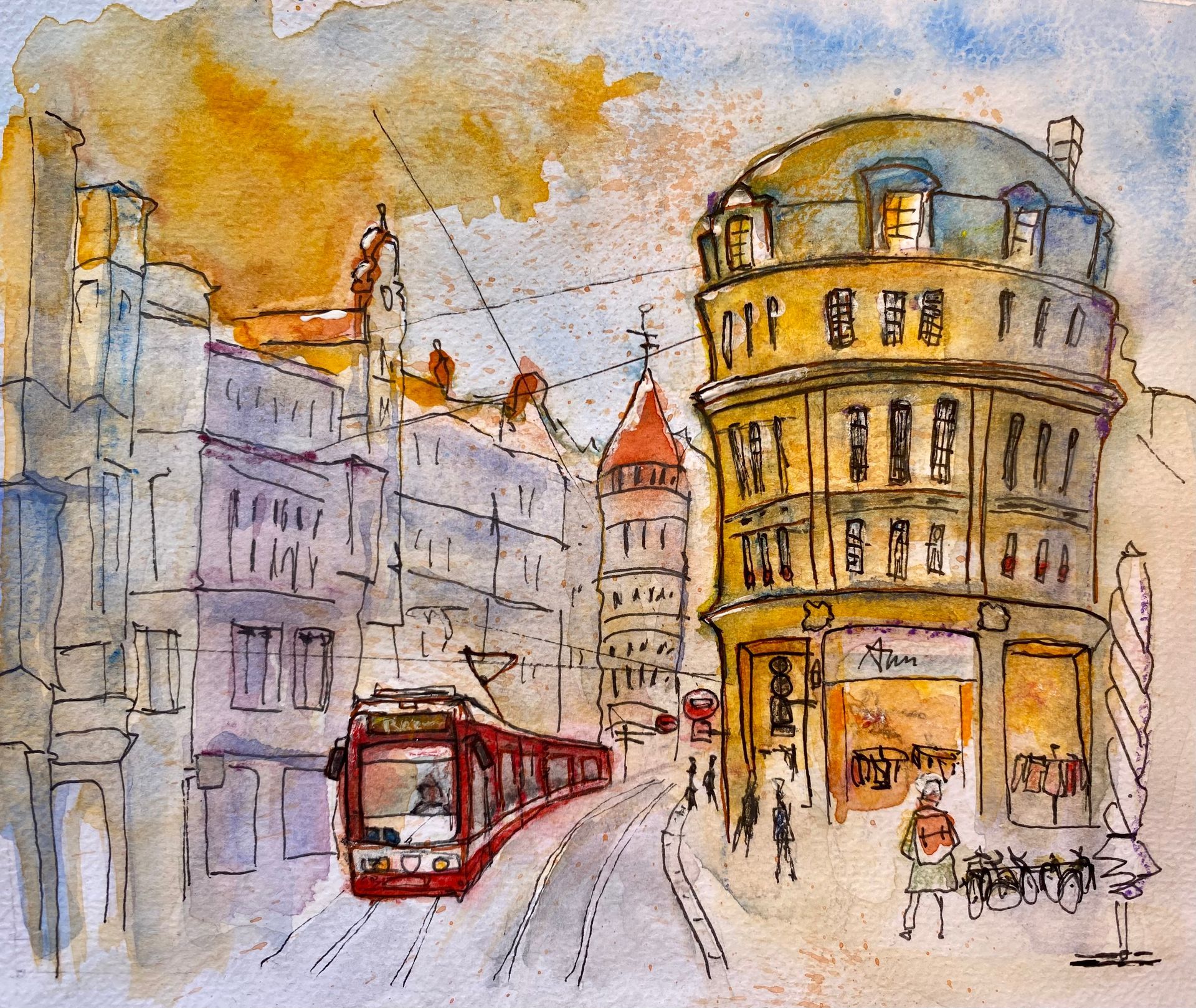 Blick in die Große Ulrichstraße mit einer Straßenbahn