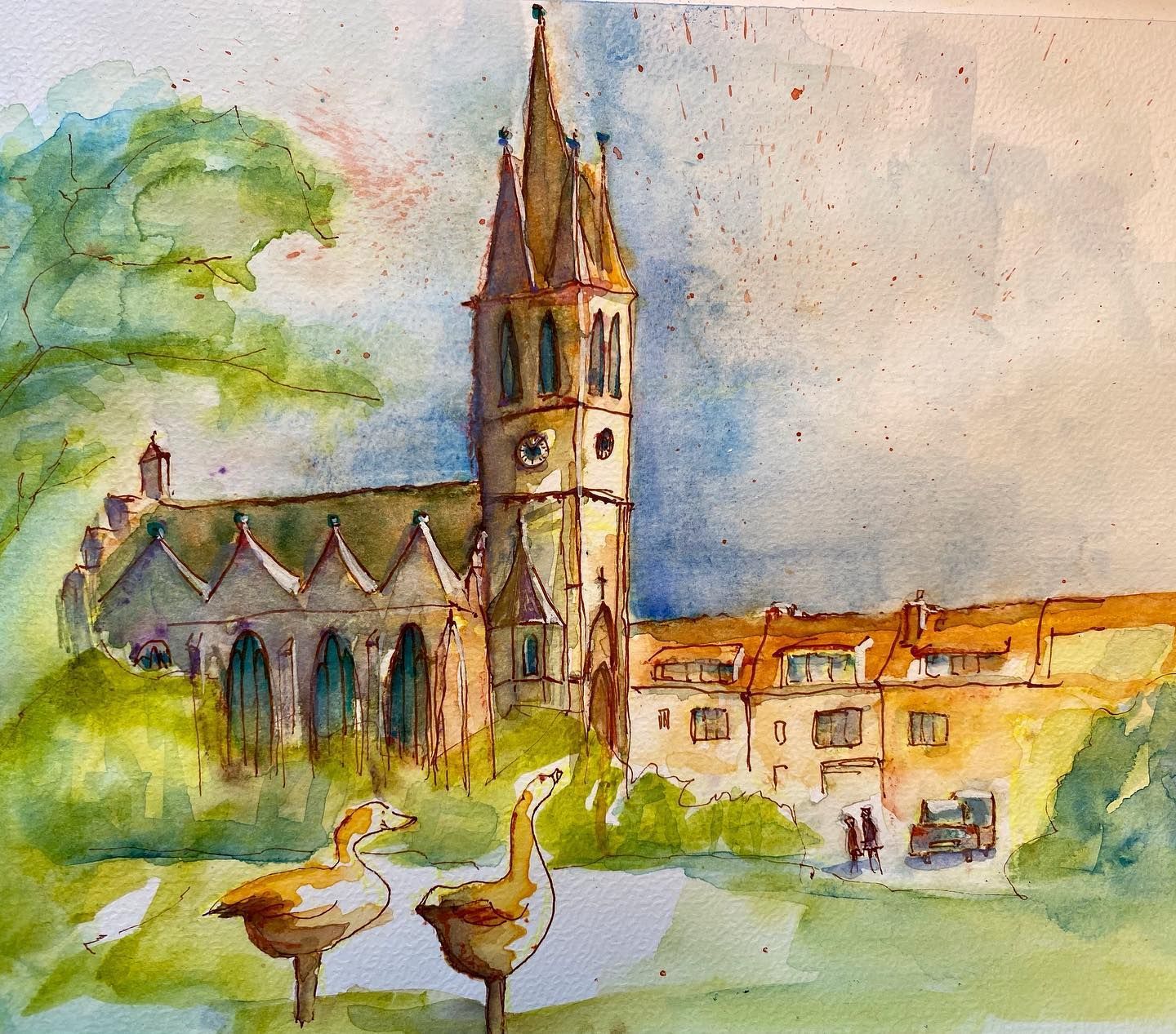 Petruskirche in Halle (Saale) in Kröllwitz mit den berühmten Gänsen davor