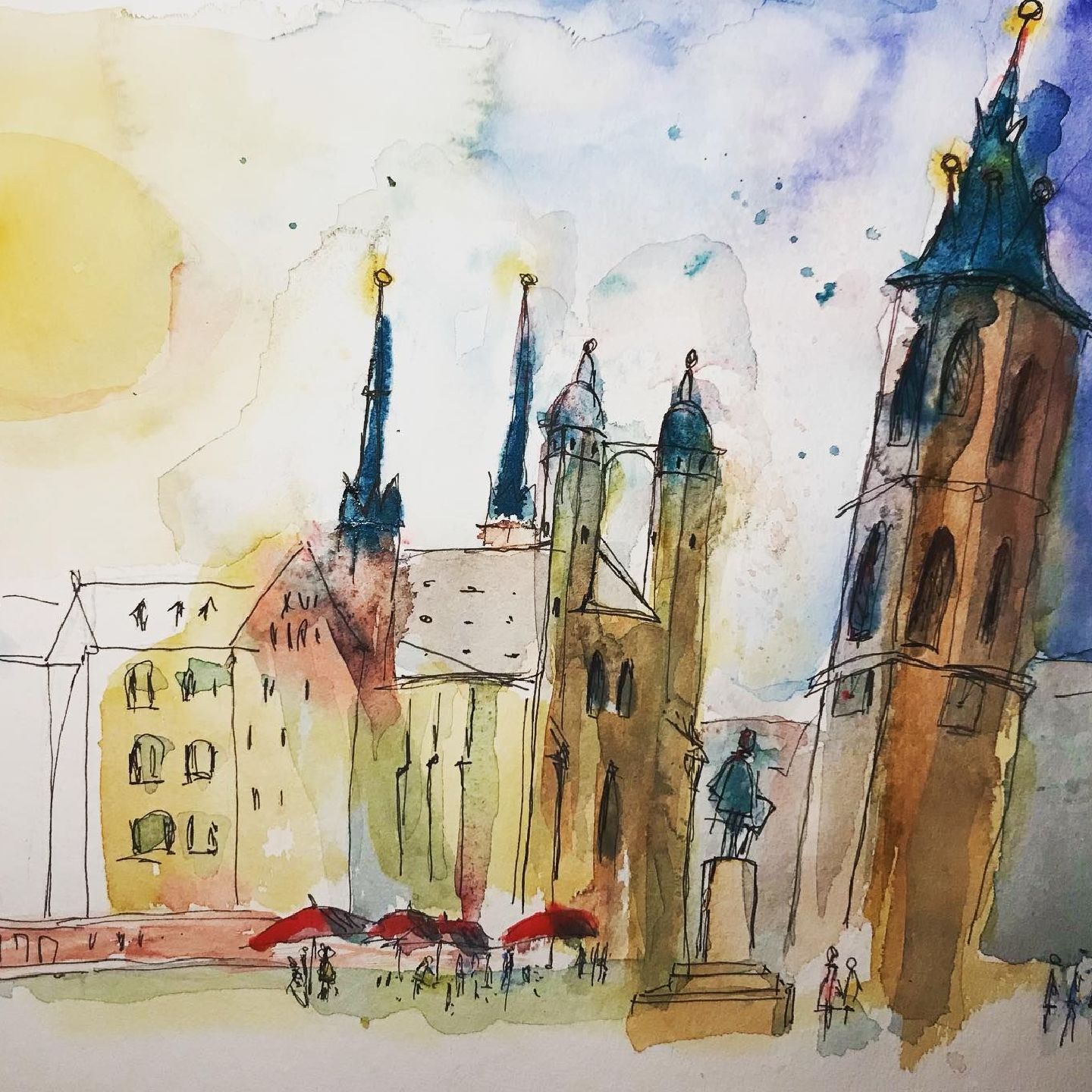 Marktplatz in Halle (Saale), Blick auf die fünf Türme