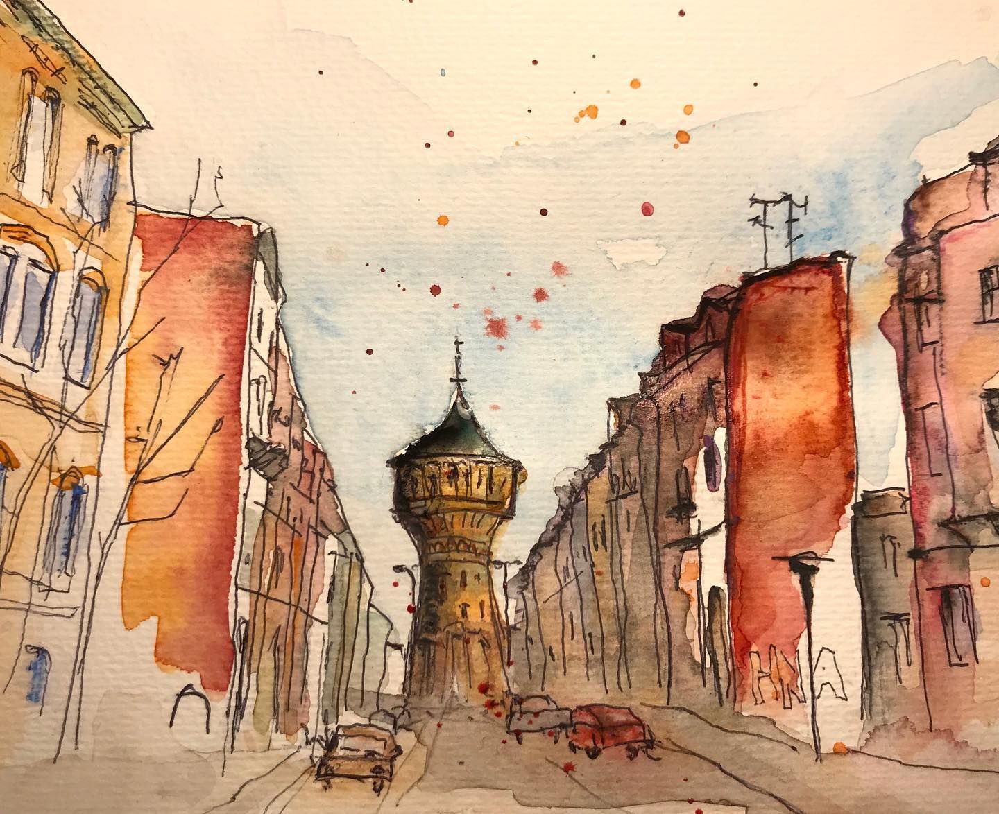 Blick in die Lessingstraße mit Blick auf den Wasserturm Nord