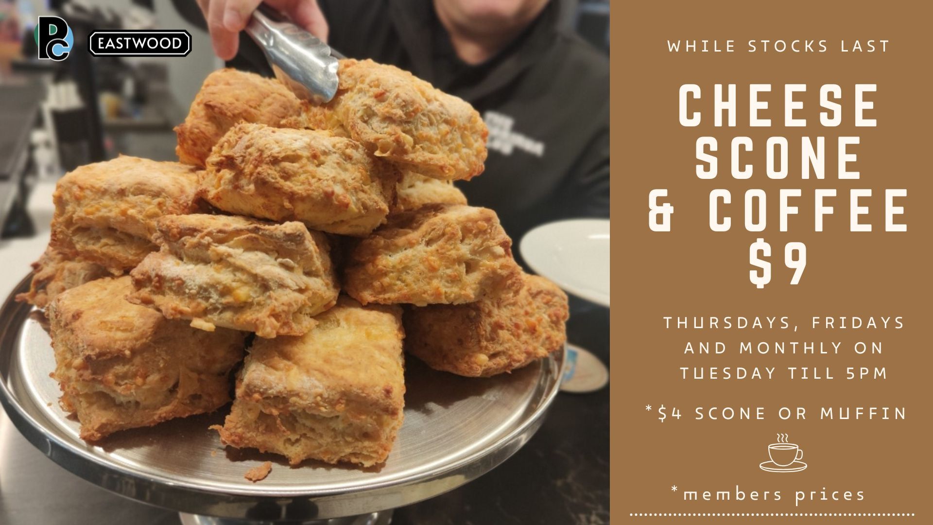Cheese scone and coffee for $9