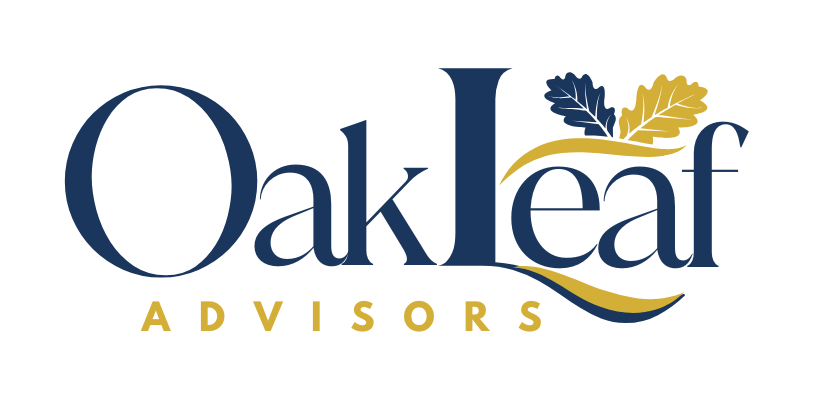 OakLeaf Advisors logo with blue and gold oak leaves. The company name is in a bold, dark blue font.