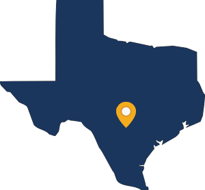 Map of Texas with a yellow location marker near San Antonio.