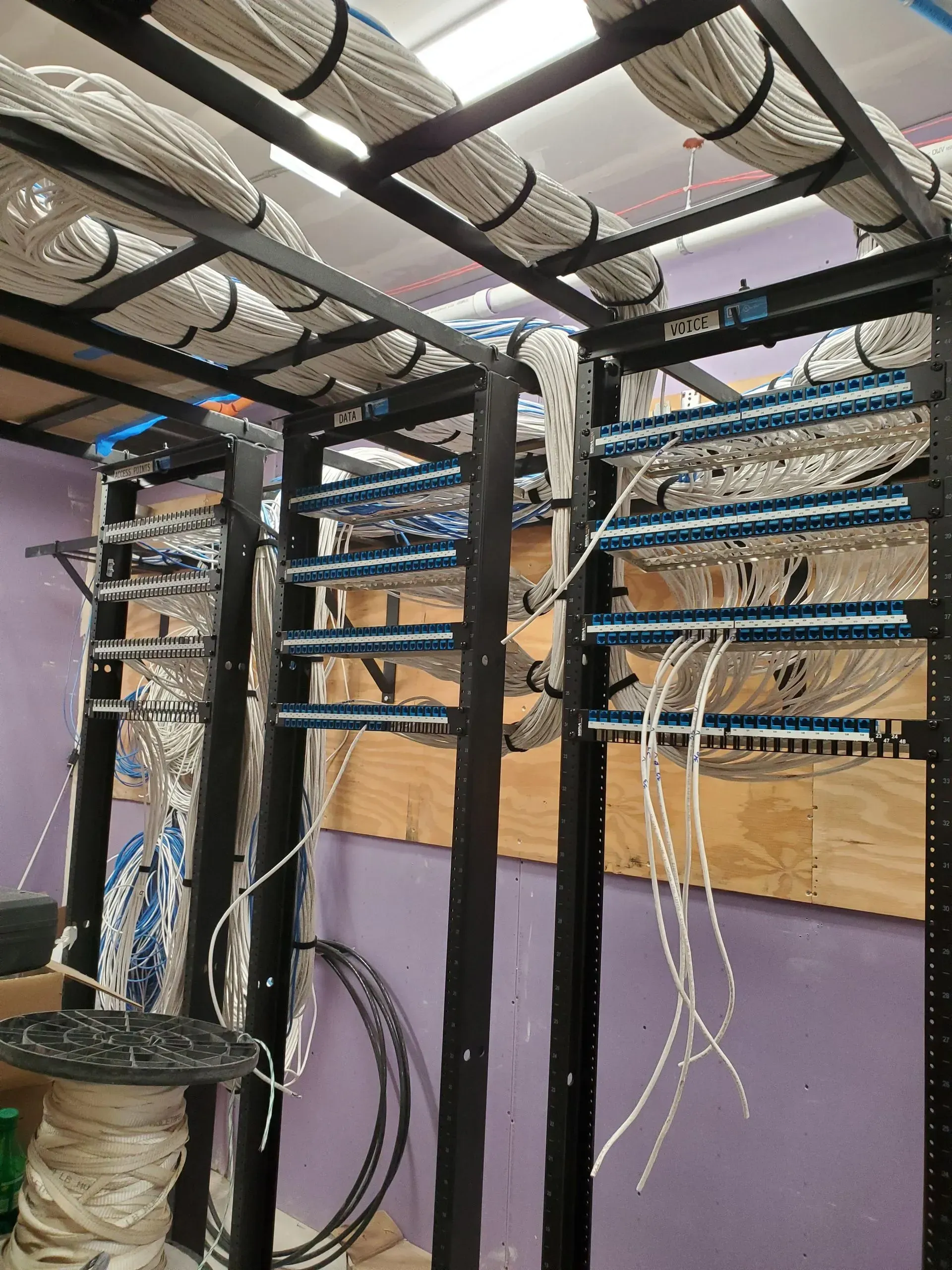 A room with a lot of wires hanging from the ceiling