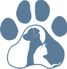 Blue paw print with dog and cat silhouettes inside.