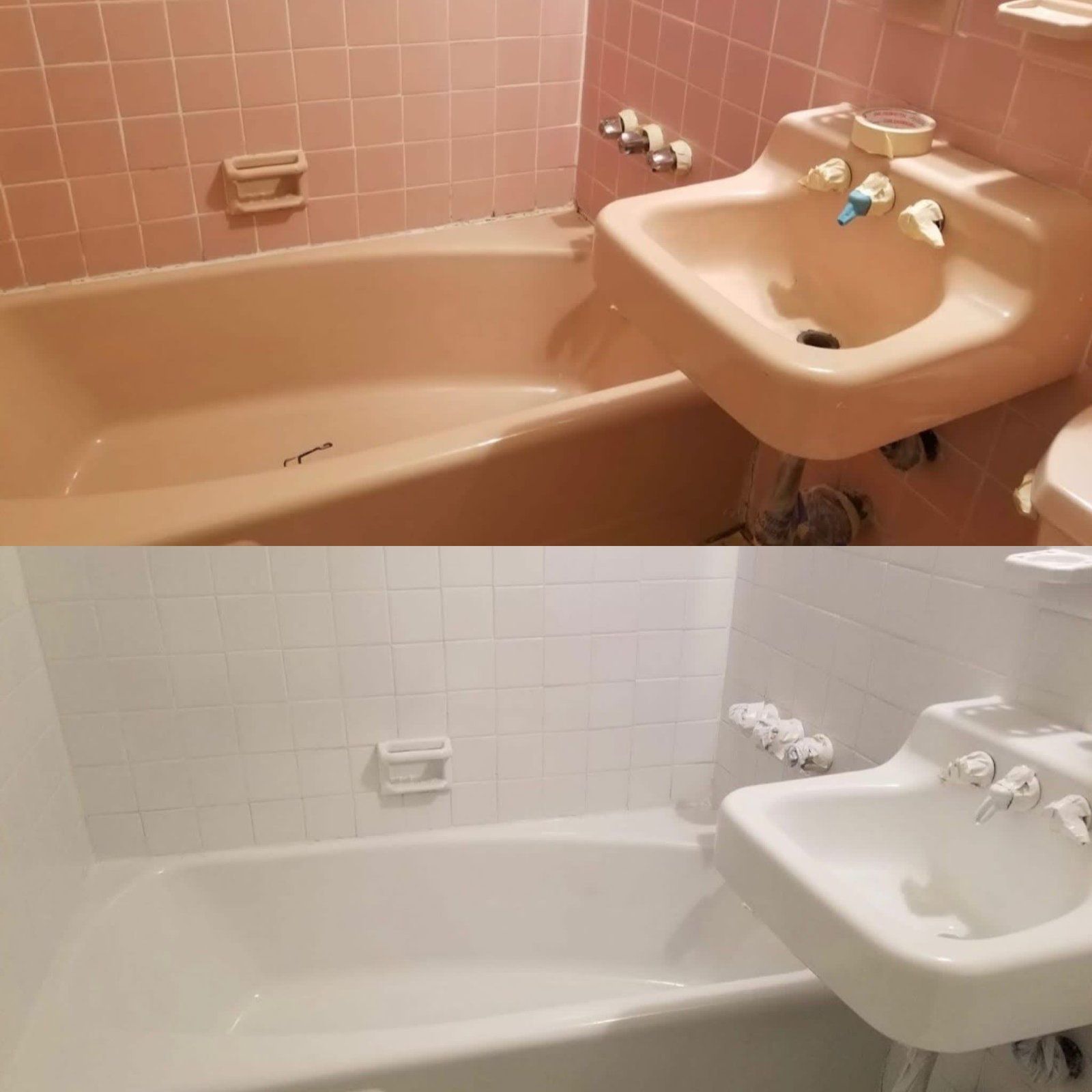 A before and after photo of a bathtub and sink