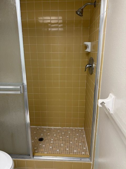 A bathroom with a walk in shower and a toilet