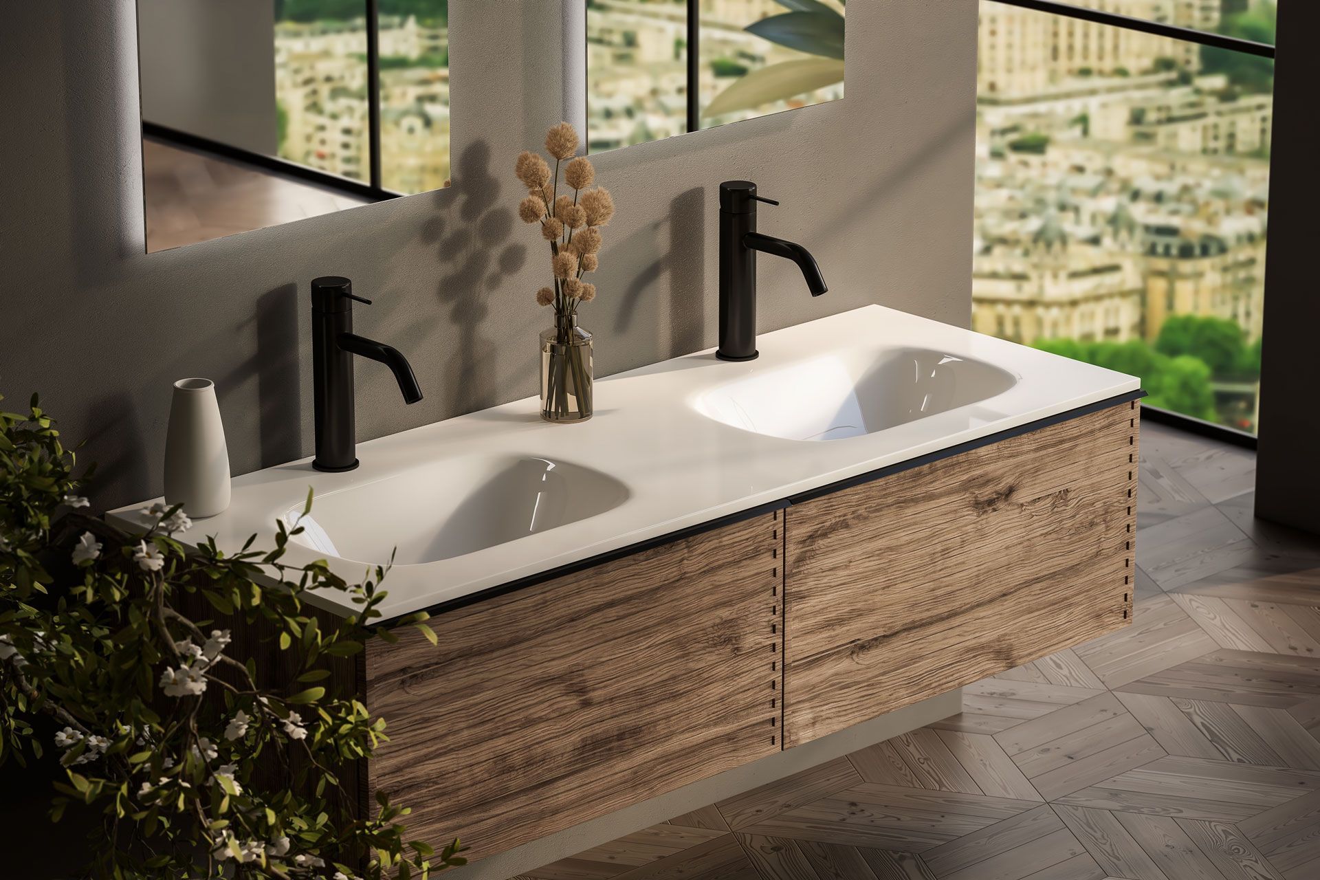 Double sink vanity with black faucets, wood grain cabinets, flowers, and a city view.