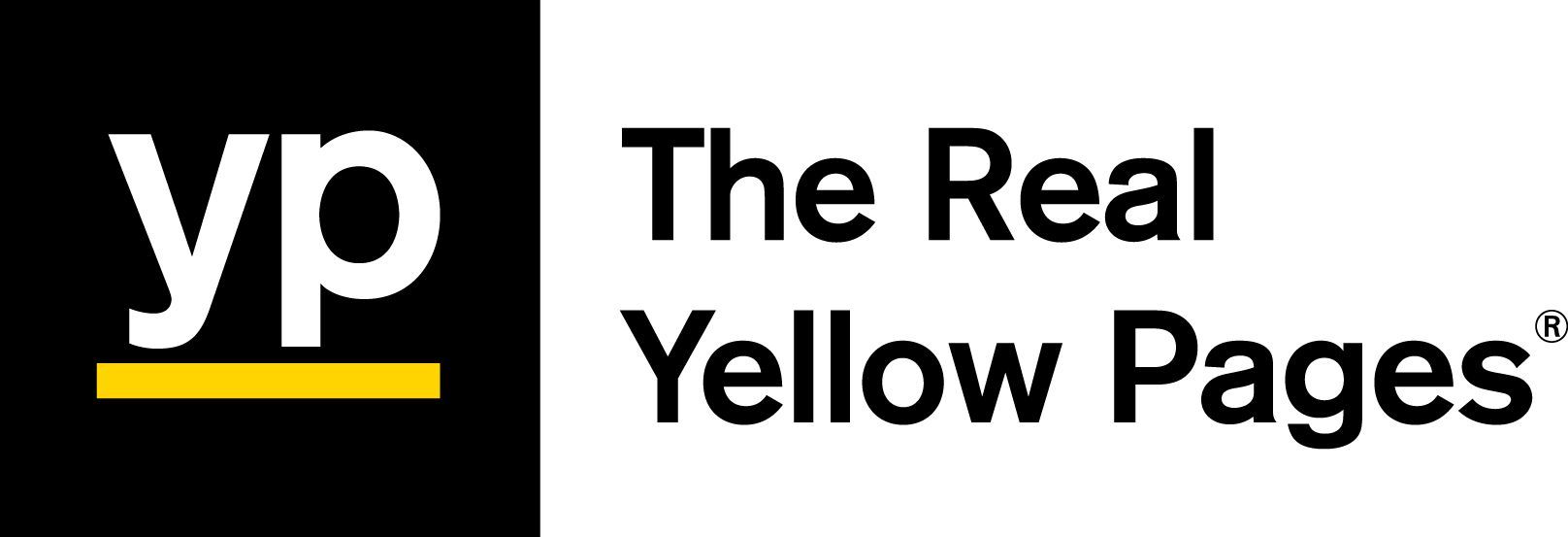 The logo for the real yellow pages is black and yellow.