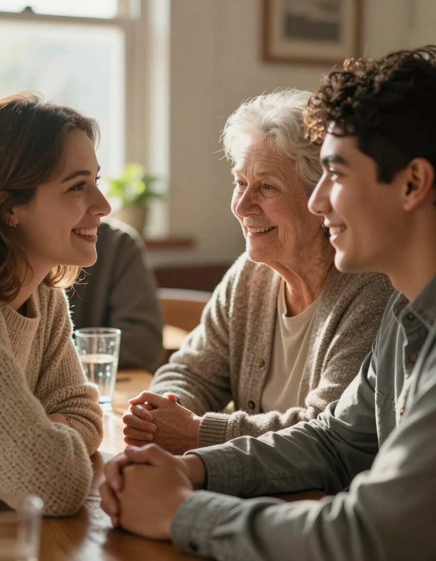 Team members sharing a warm conversation at a community table