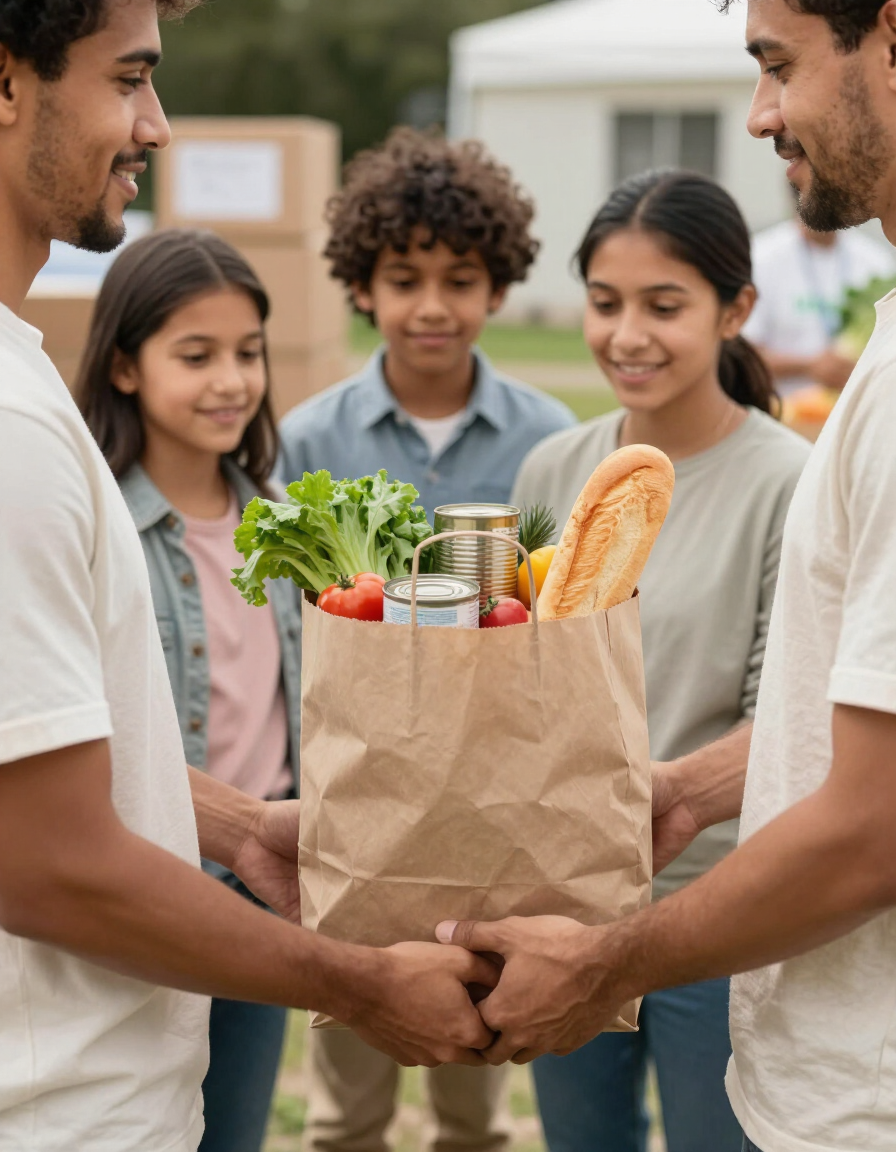 Volunteer handing groceries to a family