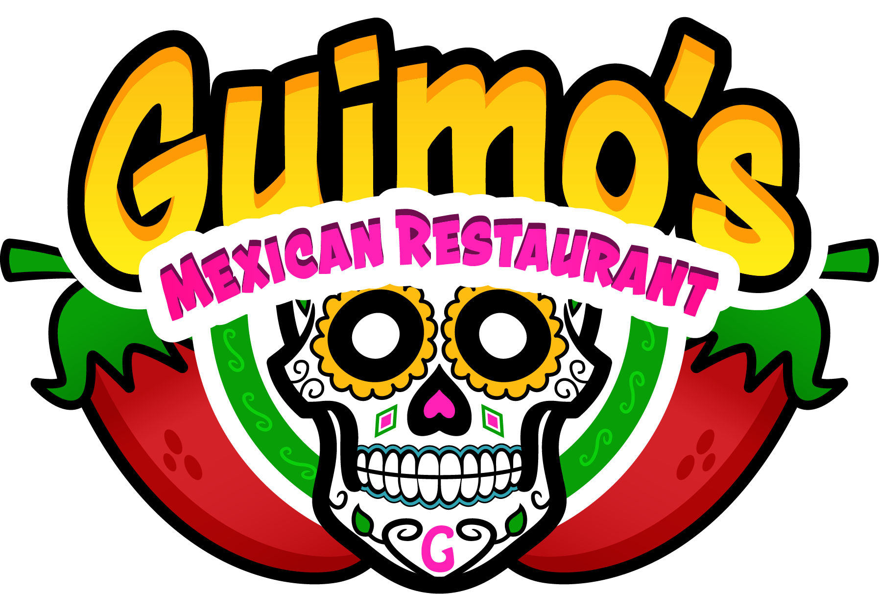 A logo for a mexican restaurant with a skull and peppers.