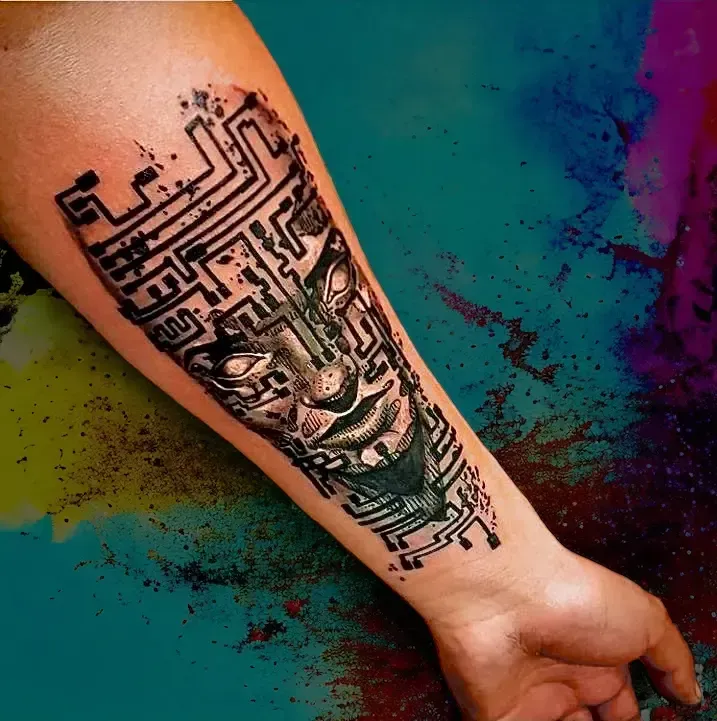 Una persona tiene un tatuaje de una máscara en el antebrazo.