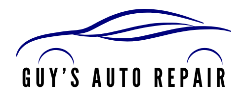 A logo for guy 's auto repair with a blue car on a white background.