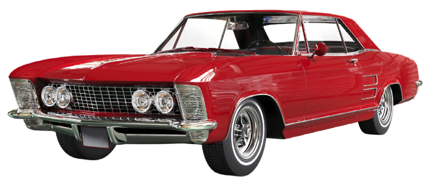 A red car is sitting on a white background.
