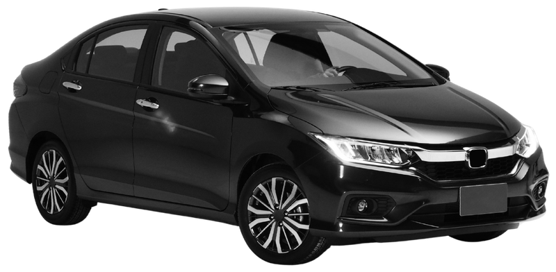A black honda city is shown in a black and white photo on a white background.