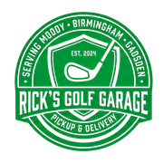 Green circular Rick’s Golf Garage logo with golf club, “Serving Moody, Birmingham, Cadsden,” and “Pickup & Delivery”