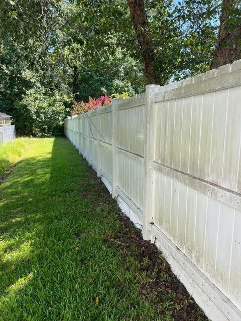 White vinyl fence with green algae, next to a grassy lawn, under a tree.