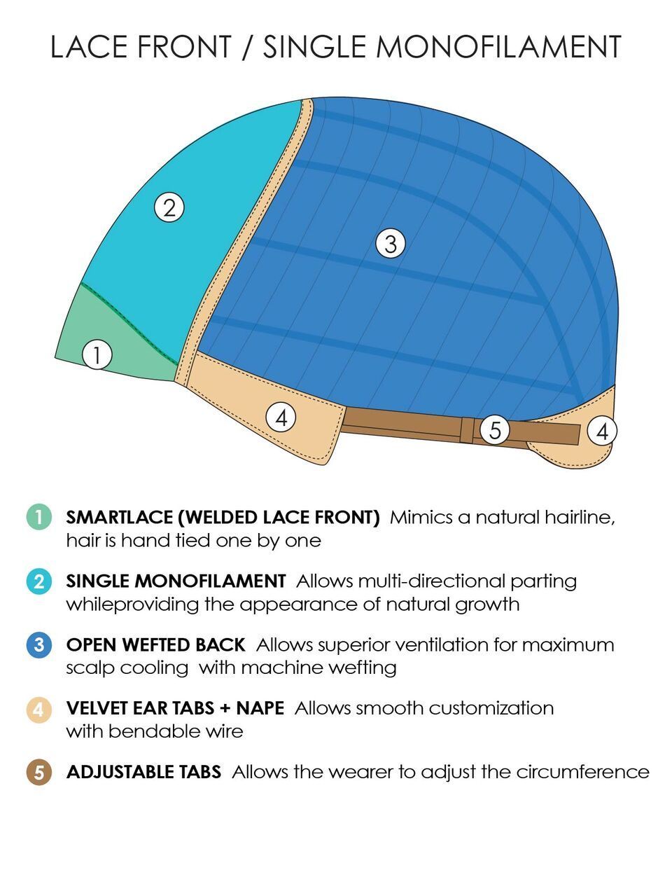 A diagram of a lace front / single monofilament wig.