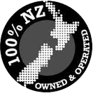 A black and white logo that says `` 100 % nz owned and operated ''.