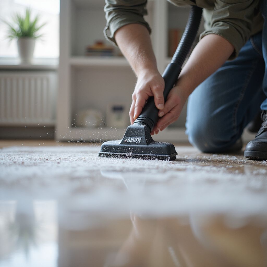Person vacuuming white powder from a wooden floor.