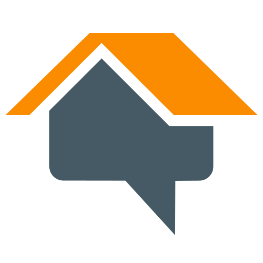 A house with an orange roof and a speech bubble underneath it.