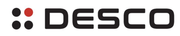 Logo DESCO con testo nero e quattro punti, uno rosso e tre neri.