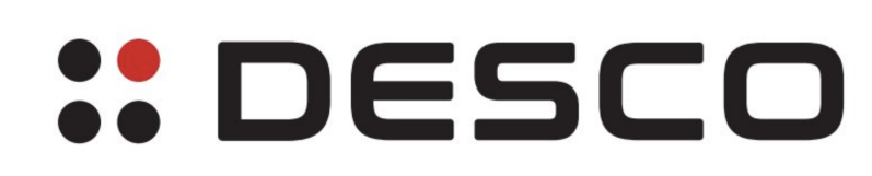 Logo DESCO con testo nero e quattro punti, uno rosso e tre neri.