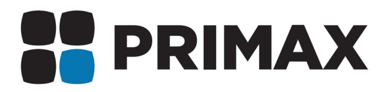 Logo PRIMAX con icona quadrata nera e blu e testo nero in grassetto.