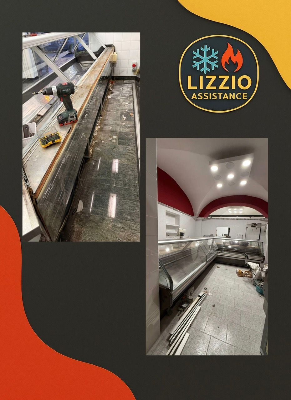 Logo di Lizzio Assistance con due foto di un pavimento commerciale piastrellato pulito da una macchina e da un operatore.